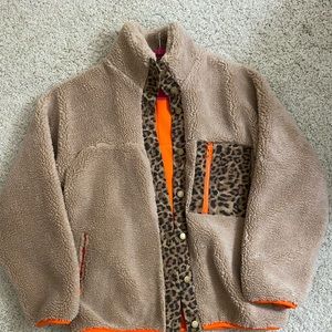 Size M. Tan, Leopard, neon orange jacket.